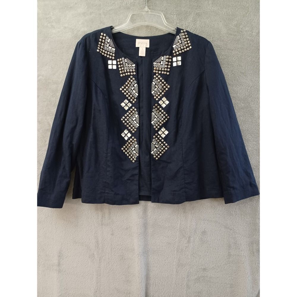 Chicos Blazer Sz 1‎ / M Short Embellished Linen Cotton Navy Blue Office Casual